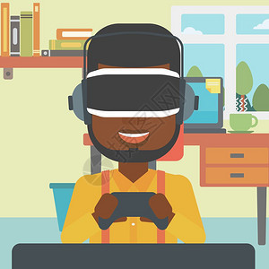 虚拟现实头盔年轻人与游戏控制器玩电子游戏矢量设计插图图片