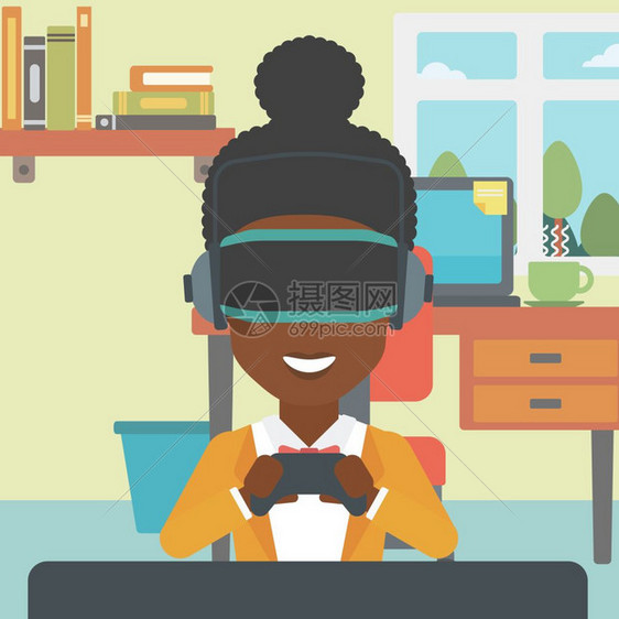 佩戴虚拟现实头盔微笑着的女人与无线游戏控制器玩电子游戏矢量平面设计插图图片