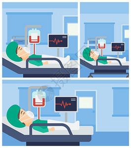 躺在医院病房的床上人有心脏监测器和医疗室输血设备平板设计图图片