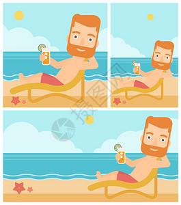 沙滩背景上握着鸡尾酒的男子矢量平面设计图图片