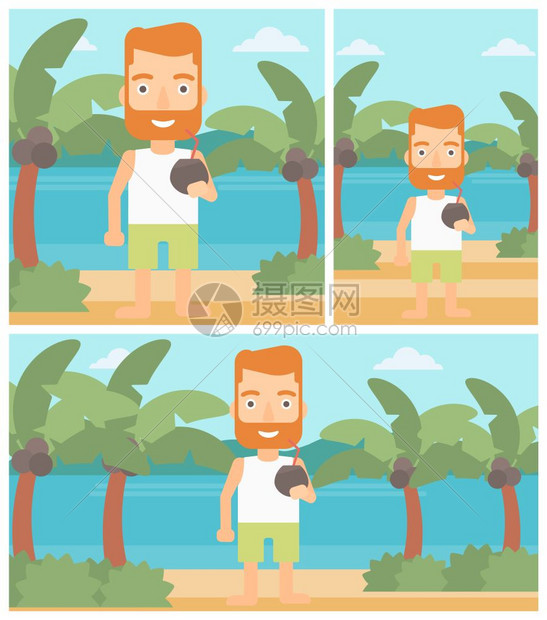 在海滩上喝椰子鸡尾酒享受假期的男子图片