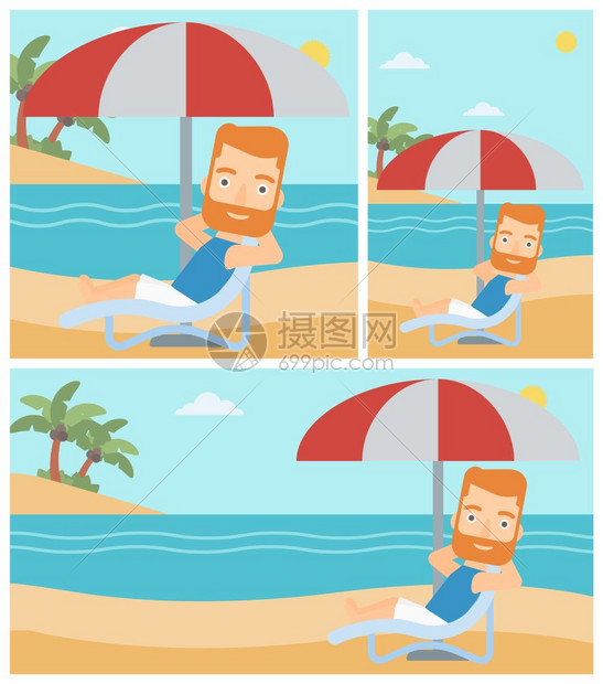 坐在沙滩上雨伞下面的年轻人图片