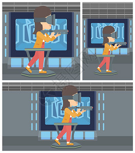 便捷式游戏机身着虚拟现实头盔的年轻人插画
