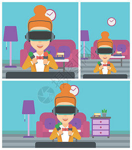 身着虚拟现实头盔和手持运动控制器的年轻妇女在公寓玩电子游戏的妇女矢量平面设计图图片