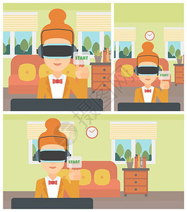 身穿虚拟现实头巾和玩电子游戏的妇女身着虚拟现实头巾的妇女推动虚拟按钮启矢量平板设计插图图片