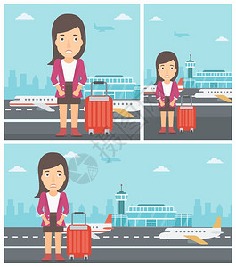 带行李箱在机场看飞机的妇女图片