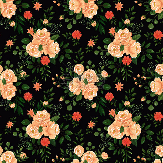 花朵图案玫瑰是黑色印刷品花蕾和鲜无缝的矢量图案图片