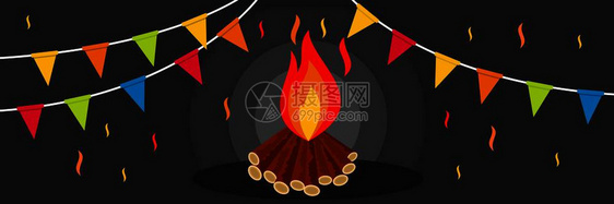 Lohri营火横幅的平面图示用于网络的Lohri营火矢量横幅营火平面风格图片