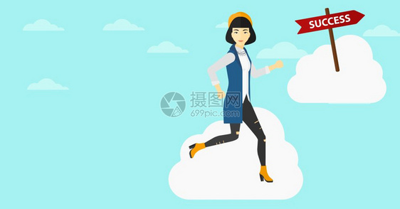 在天空云朵中跑步的亚洲女人图片