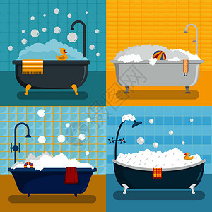 4个浴缸泡沫淋矢量横幅概念图图片