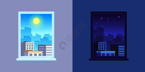 早上和晚间建筑房室内风景卡通矢量图图片