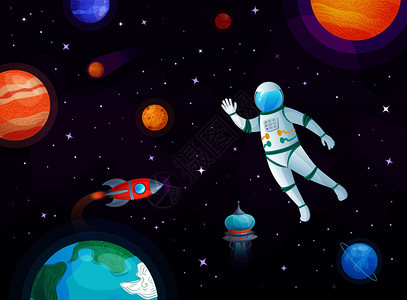 宇航员在宇宙遨游的卡通矢量图图片