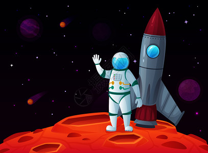 搭载火箭在月球表面的宇航员矢量卡通插图图片