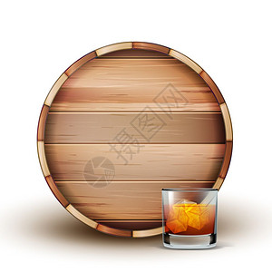 白木桶和兰地矢量的玻璃桶和箱上面有青铜和冷的酒精饮料冰和泡前视模板符合现实的3d插图图片