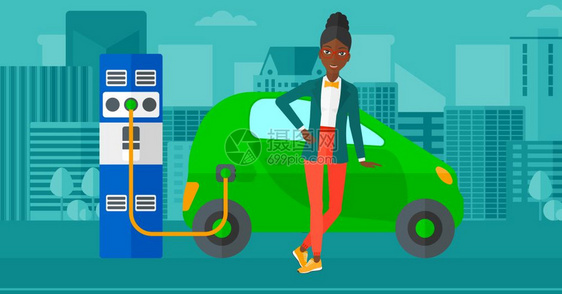 非洲妇女用收费电桩充电动汽车图片