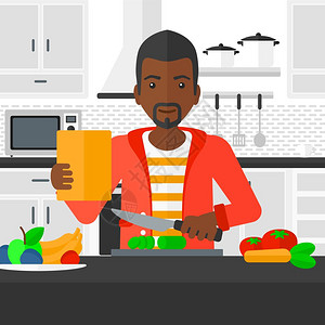 厨房切水果在厨房中切菜的男子插画