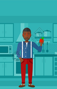 在厨房中手持苹果的非裔男子矢量插画图片