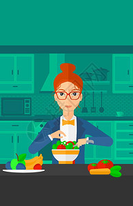 在厨房里做蔬菜沙拉的女子矢量插画图片