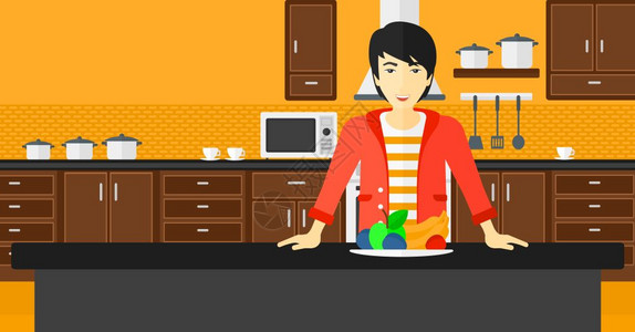 一位站在厨房前的亚洲人坐在桌子前摆满了有机健康食物矢量平面设计图水布局健康食物的男人图片