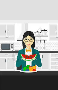 矢量图水果在厨房里吃西瓜的女子矢量图插画