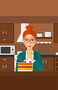 一个站在厨房蛋糕前许愿的女子图片