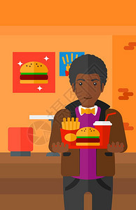 一位端着一盘快餐的非裔男子矢量图图片