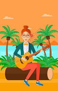 在热带海滩弹吉他的女子图片