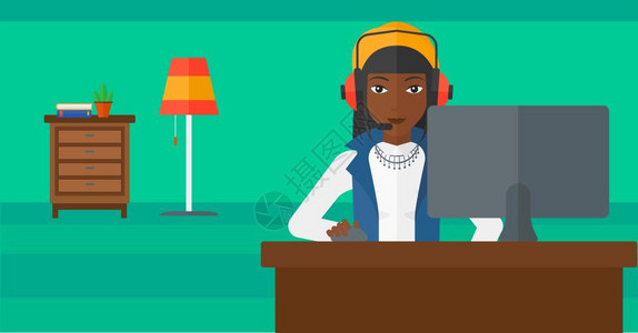 一名头戴耳机的非洲美妇女坐在电脑监视器背景矢量插图图片