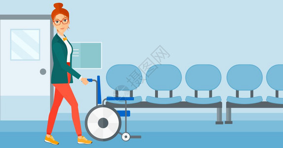 一名妇女推着空轮椅在医院走廊矢量卡通插画图片