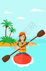 一位亚裔女骑着独木舟在海上图片