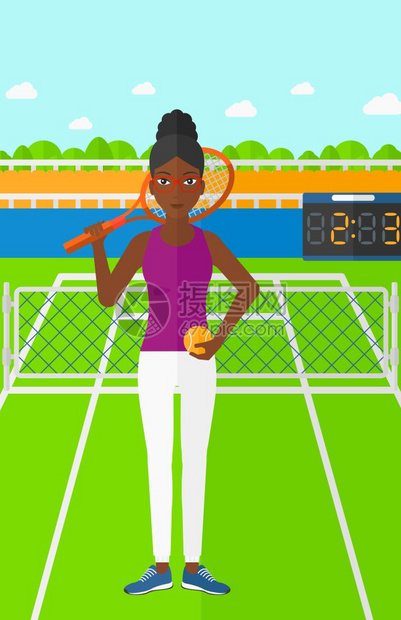 在网球场上的非裔女孩矢量图图片