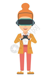 一名身穿带遥控器的虚拟回旋头盔女子身着虚拟现实头盔的女子图片