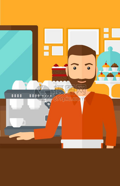 一个长胡子站在咖啡机旁的男店员图片