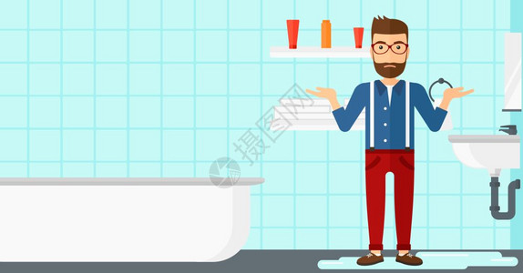 浴室笼头一个绝望的男子站在靠近漏水的地方插画