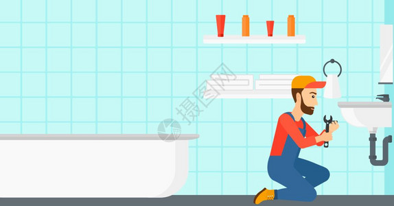 浴室正面一个长着胡子的工人在浴室里修一个水槽插画
