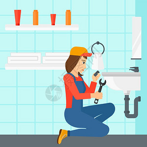 女人维修浴室插画图片