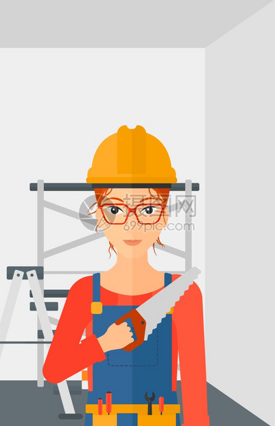 一名手持锯子的女工在墙壁背景和阶梯矢量平板设计图垂直布局手持锯子的微笑工人图片