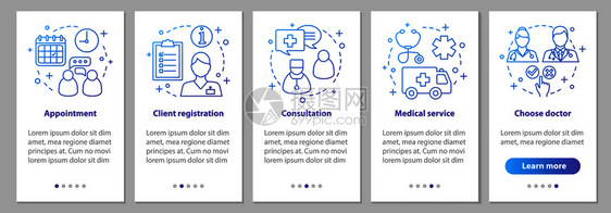 具备线概念的移动应用程序页面屏幕上的医疗服务学私人诊所步骤医疗预约生门诊uxi带有插图的gui病媒模板使用线CO的移动应用程序页图片