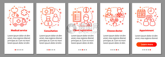 具备线概念的移动应用程序页面屏幕上的医疗服务学私人诊所步骤医疗预约生门诊uxi带有插图的gui病媒模板使用线CO的移动应用程序页图片