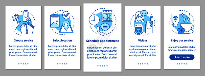 装有线概念的移动应用程序页面屏幕上的指甲沙龙修师的指定服务步骤图形指示uxi带插图的gui矢量模板图片