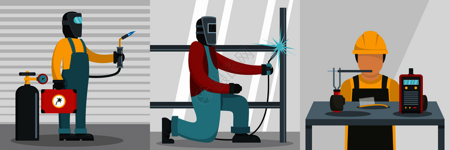 焊接工人横幅概念集平面显示3个焊接工人矢量横幅向概念用于网络焊接工人横幅概念集平面风格图片