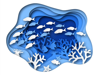 海底珊瑚礁和鱼类海藻蓝底折纸矢量背景图片