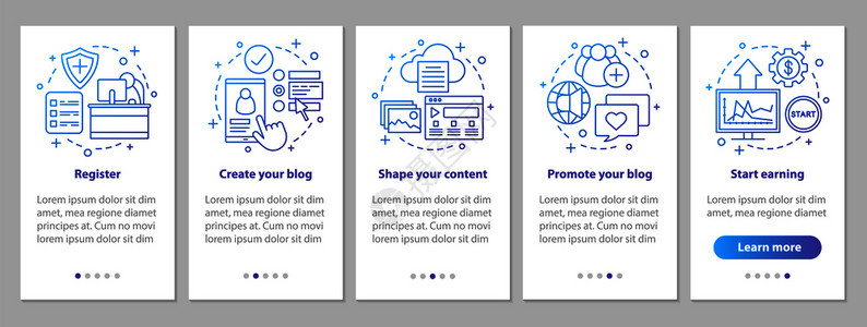 使用线概念的移动应用程序页面屏幕上的博客sm社交媒体商务步骤图形指示uxi配插图的gui矢量模板使用线概念的移动应用程序页面屏幕图片