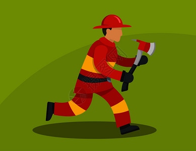 消防员手拿消防斧头奔跑卡通矢量插画图片