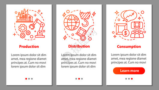 生产分销消费步骤图形说明uxig矢量模板附有插图工业部门装有线概念的移动应用程序页面屏幕图片