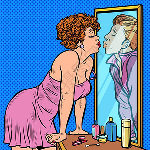 女人隔着化妆镜亲吻男人卡通复古插画图片