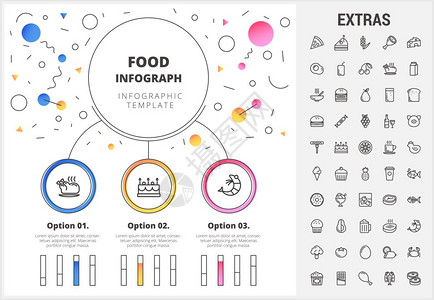 活页图包括可定制的条形图配有食品成分的线条图标餐饮水果和蔬菜零食快餐等背景图片