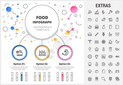 活页图包括可定制的条形图配有食品成分的线条图标餐饮水果和蔬菜零食快餐等图片