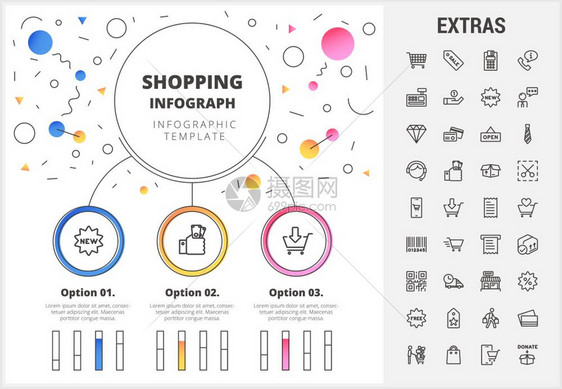 空置圆形信息图模板元素和标信息表包括可定制的条形图用购物车在线商店移动价格标签零售商等设置的线条图标购物信息图模板元素和标图片