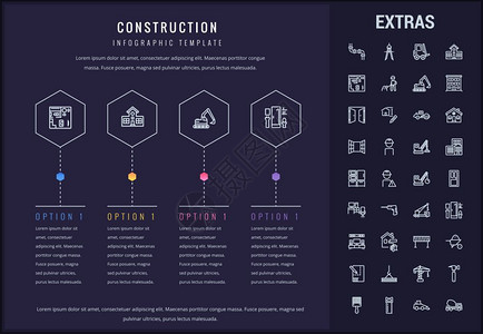 建筑工程选择图示模板元素和图标表包括由建筑工人具修理人员房屋建筑项目等组成的线图标建筑示模板和元素图片